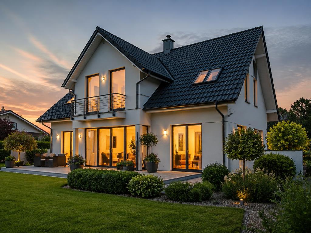 Modernes Einfamilienhaus in der Abenddämmerung